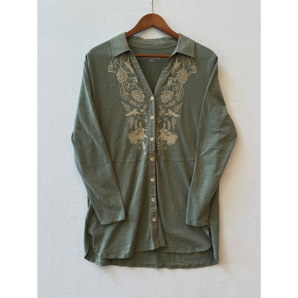 Soft Surroundings Olive Green Embroidered Cotton Button Front Tunic Top Medium
